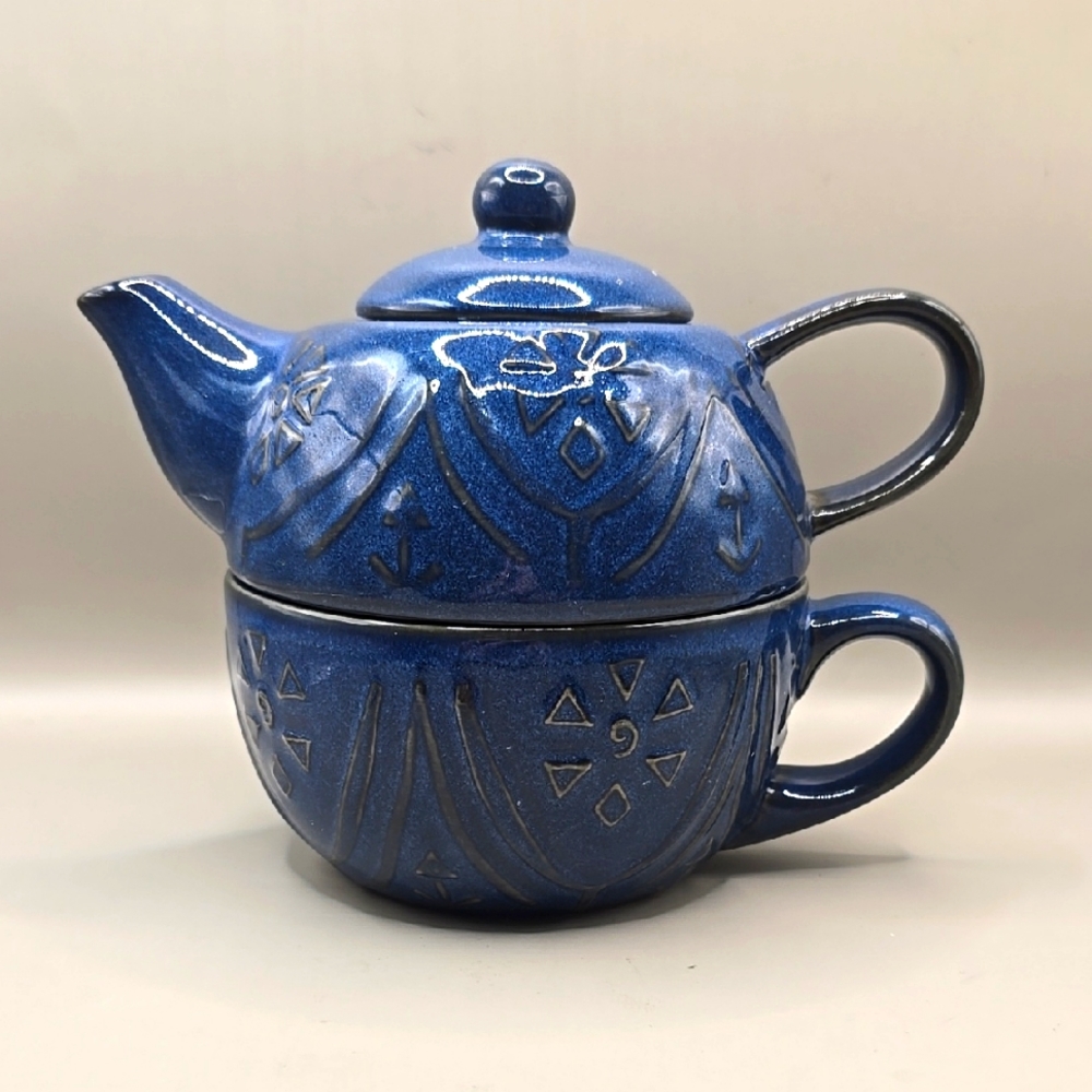 Pier 1 Stackable Tea Set Cup Mug Pot Blue Rustic Glazed Stoneware "Tea for One"